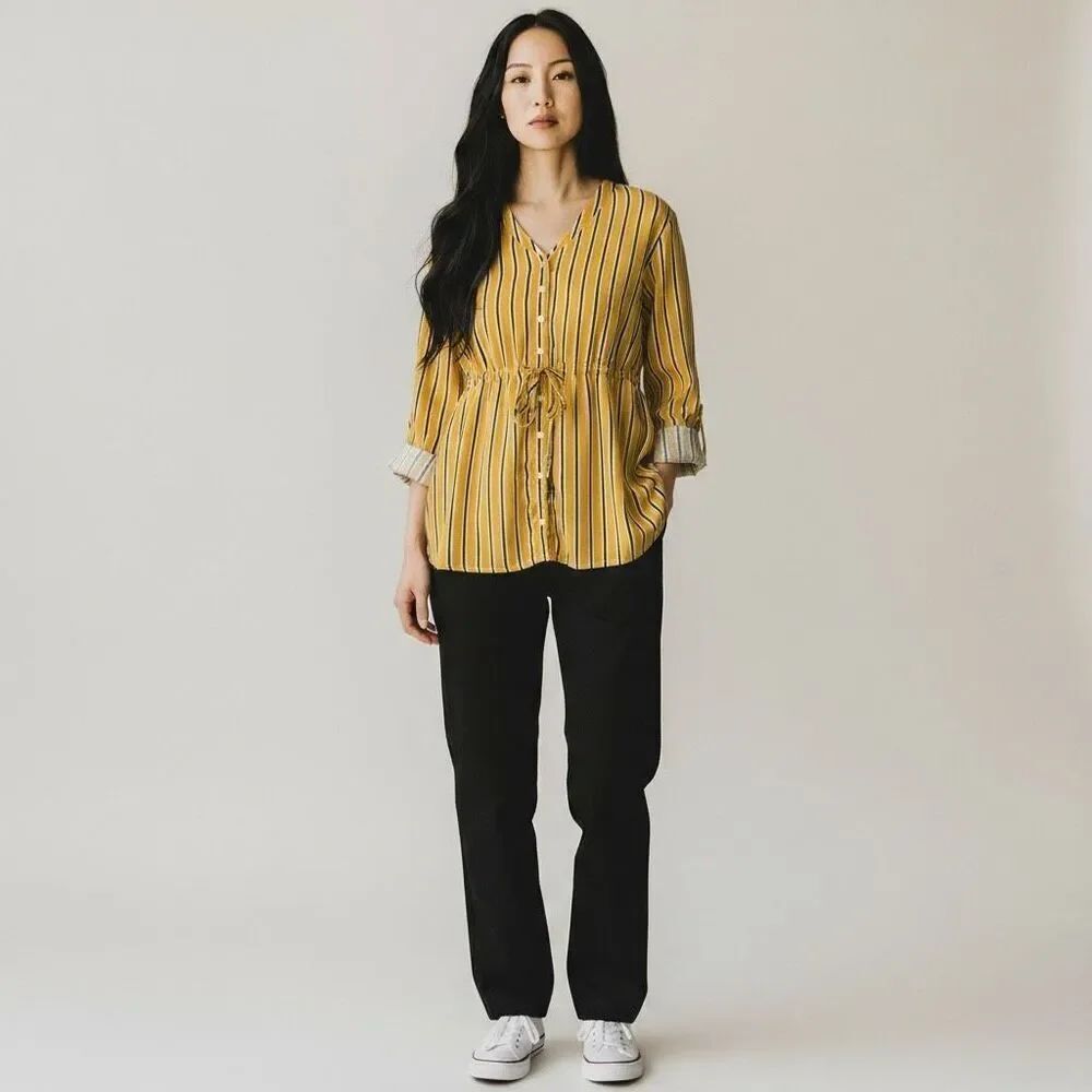 Backwoods Blouse Yellow Black white Button Down Striped Tie front long sleeve M
